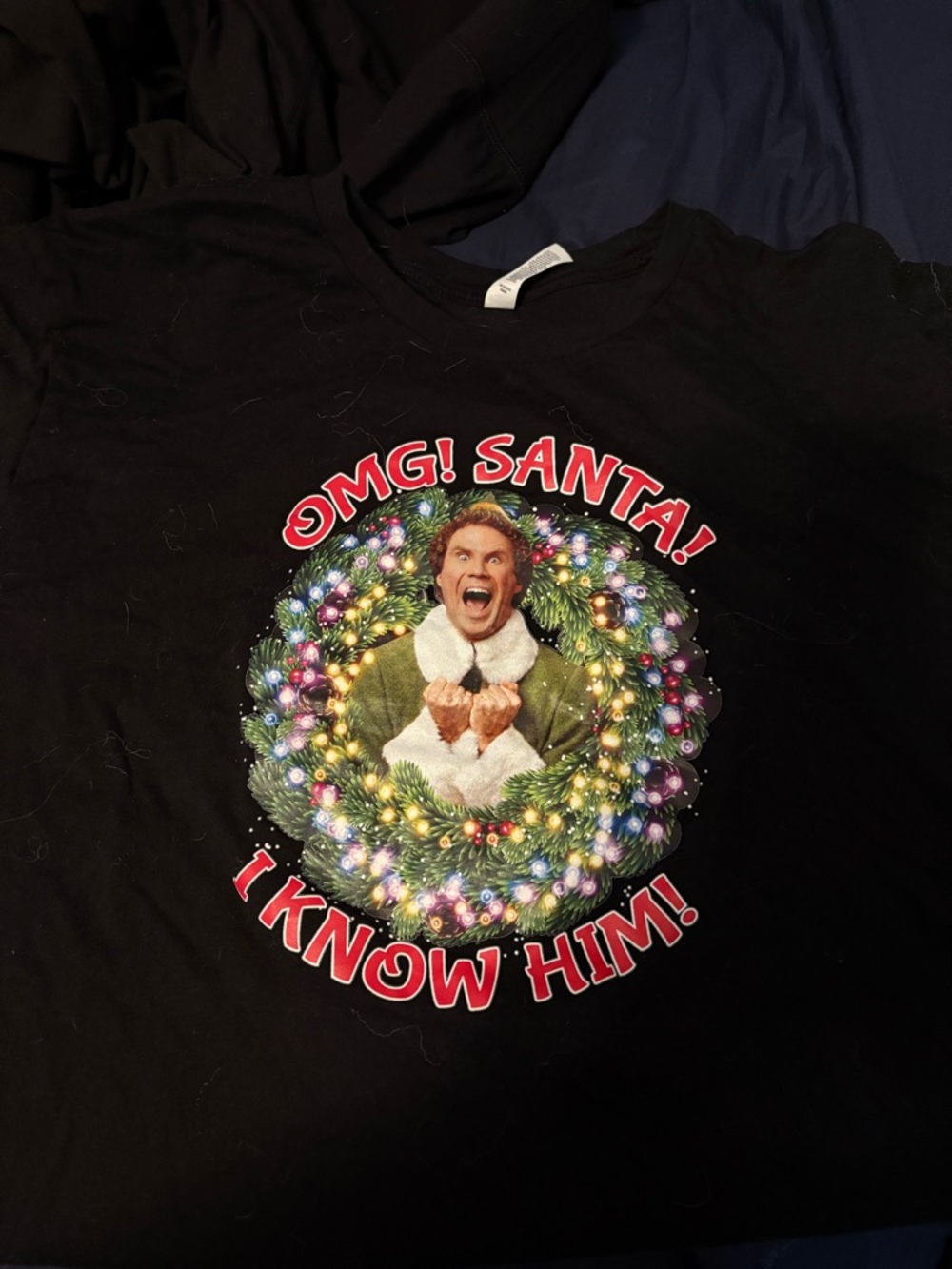 Elf "OMG Santa! I Know Him!" Black Graphic Tee